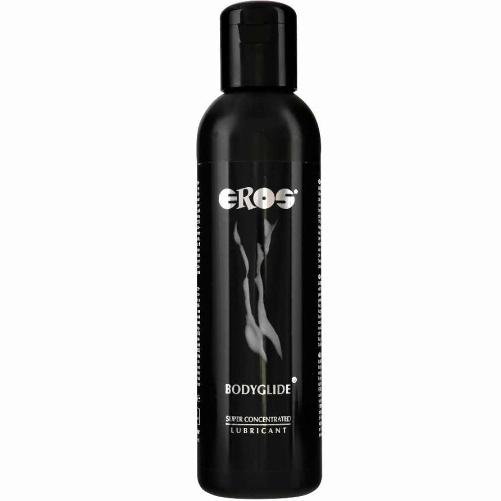 Schwarze Flasche mit weißem "EROS"-Logo und "BODYGLIDE"-Schriftzug. Enthält "SUPER CONCENTRATED LUBRICANT".