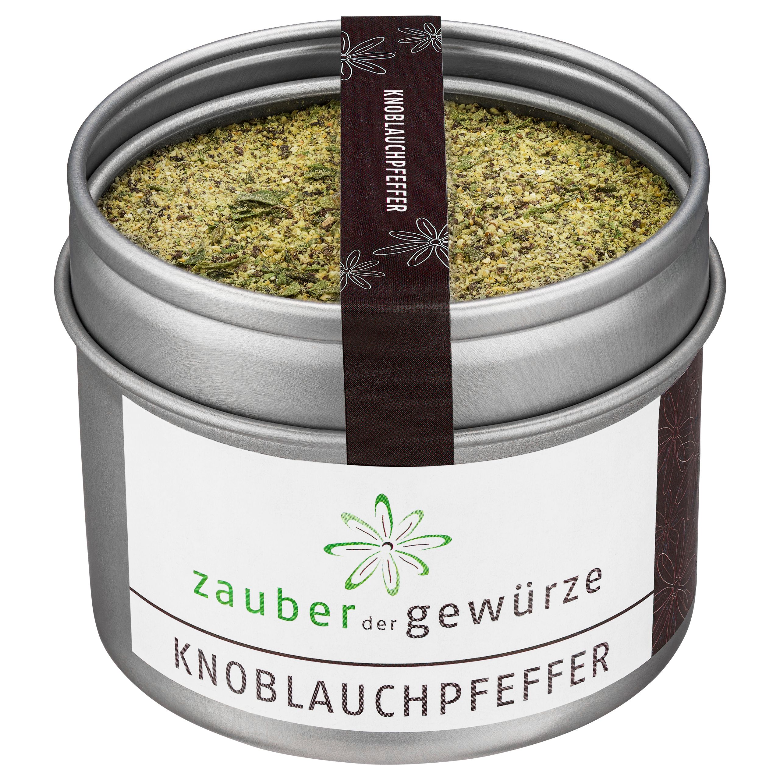 Runde Dose mit Knoblauchpfeffer. Etikett mit Produktname und Logo. Brauner Streifen mit Schriftzug.