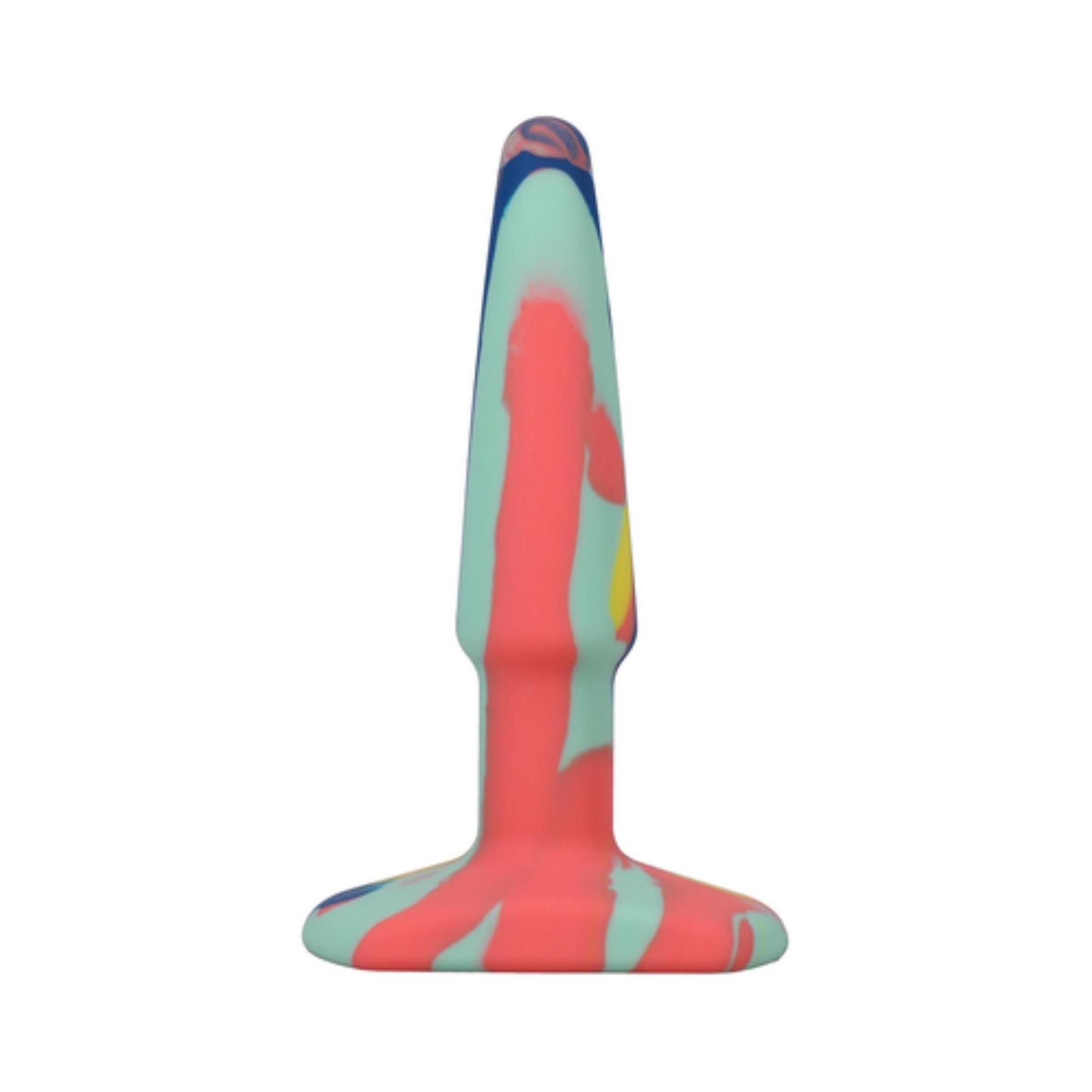 Mehrfarbiger Silikon-Analplug. Kegelförmig mit breiter Basis. Farben: Rosa, Grün, Blau, Gelb.