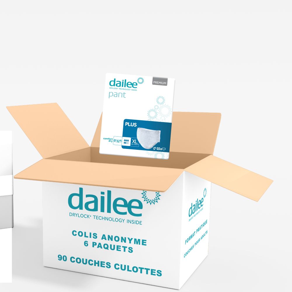 Boîte de Dailee Pant Plus. 6 paquets, 90 couches culottes. Livraison anonyme.
