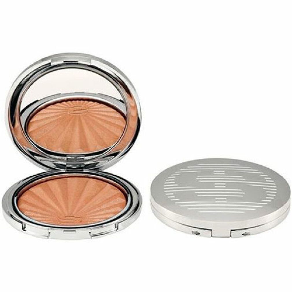 Bronzing-Puder-Kompaktpuder mit Spiegel. Offen und geschlossen. Silberfarbenes Gehäuse mit Sisley-Logo.