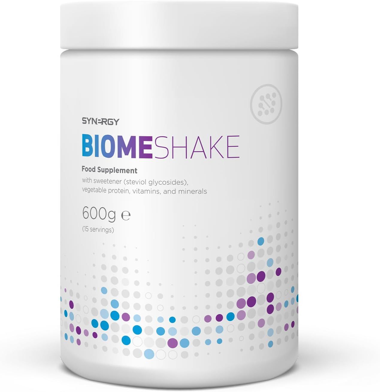 Weißer Behälter mit blau-violetten Punkten. Aufschrift: BIOME SHAKE, Food Supplement, 600g.
