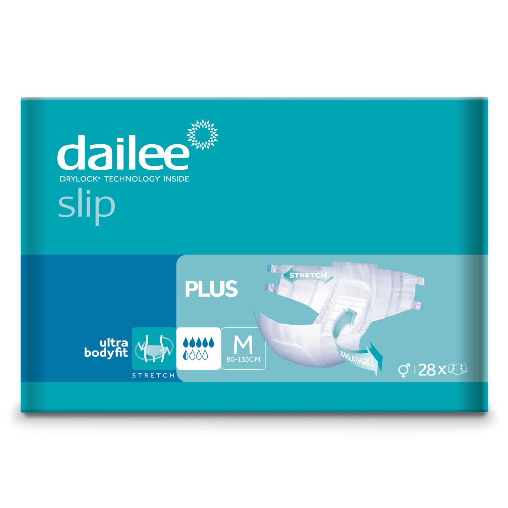 Verpackung Dailee Slip Plus. Türkis-weiß. Produktabbildung. Größe M, 80-130cm. 28 Stück. Ultra Bodyfit, Stretch.