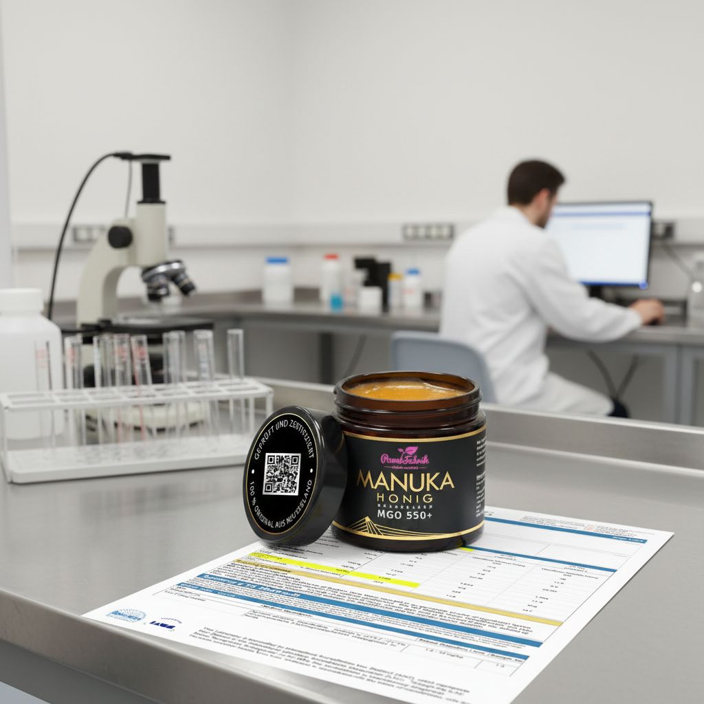 Glas Manuka Honig und Deckel auf einem Tisch. Aufschrift: Manuka Honig MGO 550+. Laborumgebung.