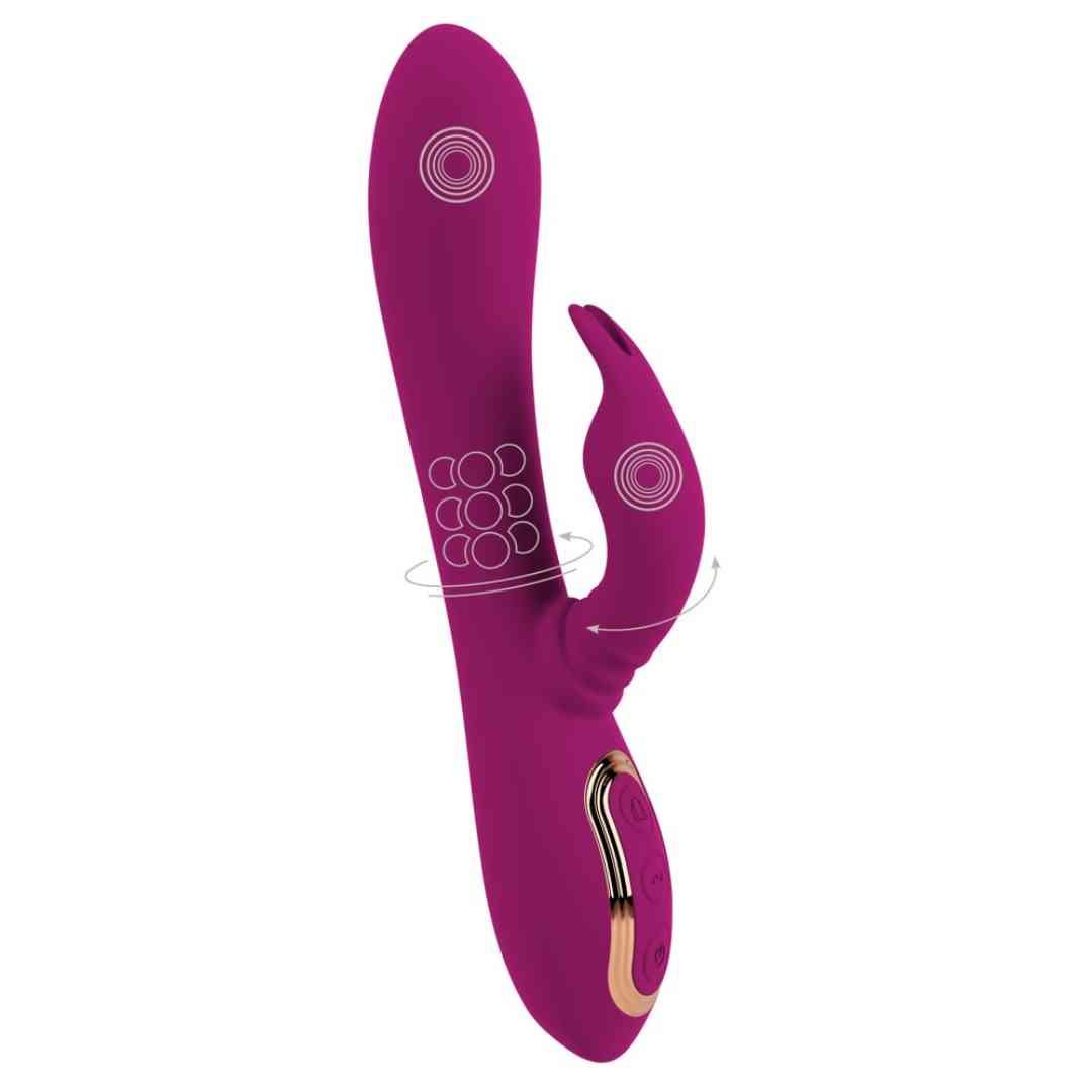 Lila Vibrator mit gebogener Form. Drei Knöpfe und goldfarbene Akzente sind sichtbar.