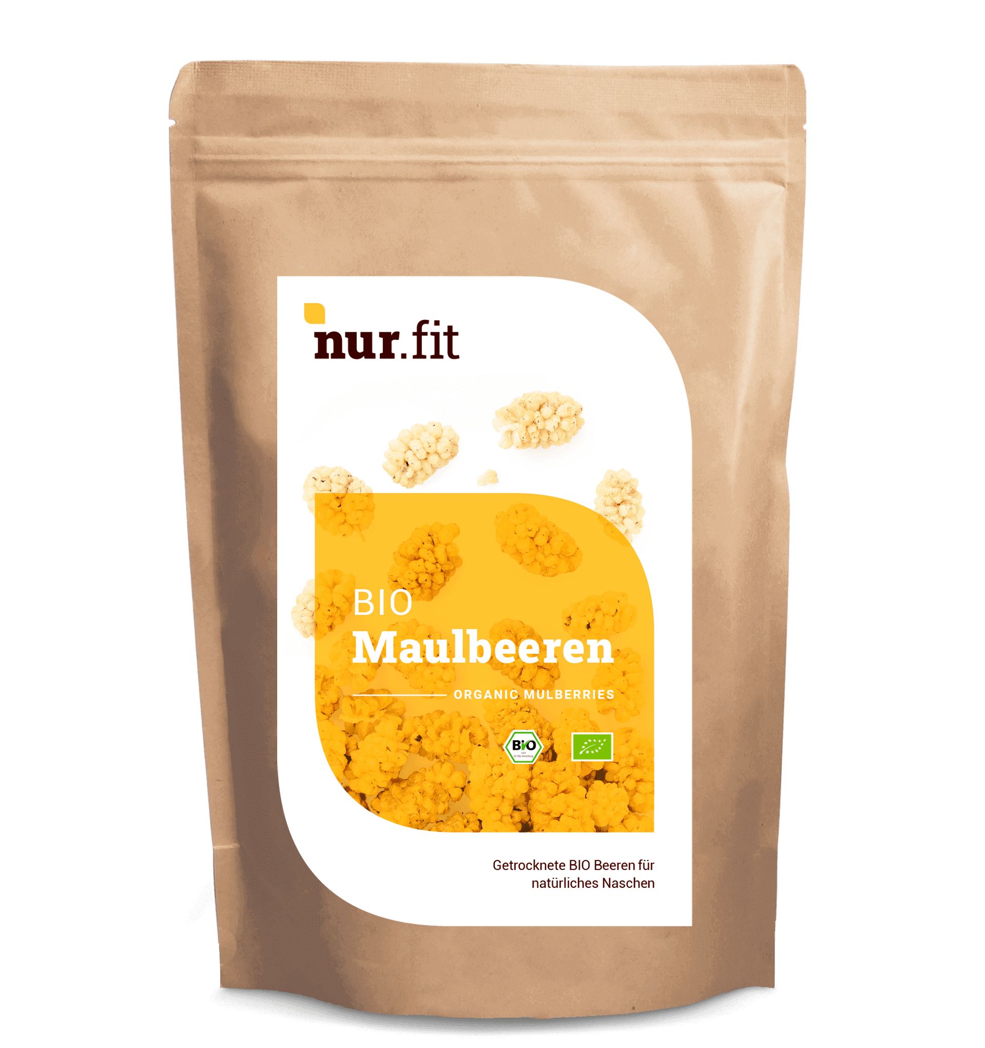 Braune Papiertüte mit weißem Etikett. Auf dem Etikett steht "nur.fit BIO Maulbeeren". Darunter sind getrocknete Maulbeeren abgebildet.