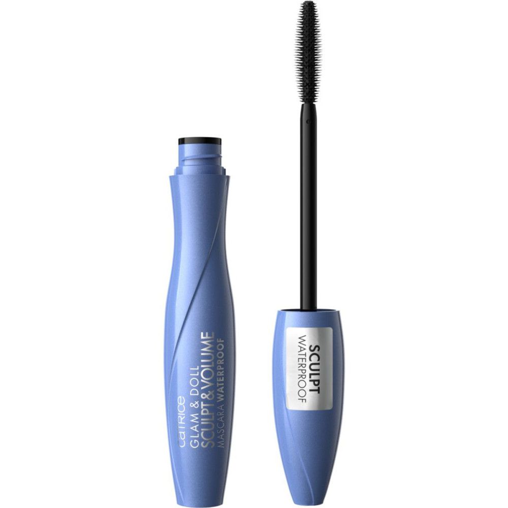 Blaue Mascarahülse mit geöffnetem Deckel und Bürste. Aufschrift "GLAM & DOLL SCULPT & VOLUME MASCARA WATERPROOF".