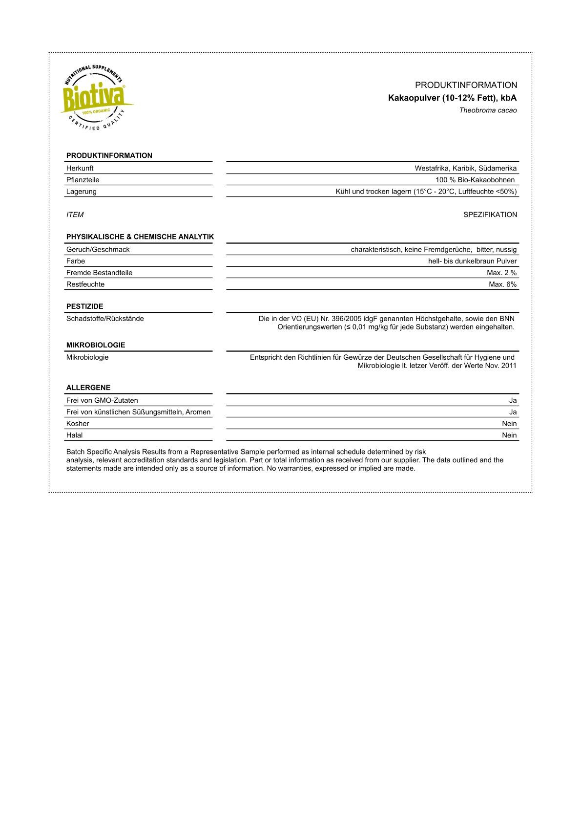 Produktinformationsblatt mit Text. Biotiva-Logo und Angaben zu Inhaltsstoffen.
