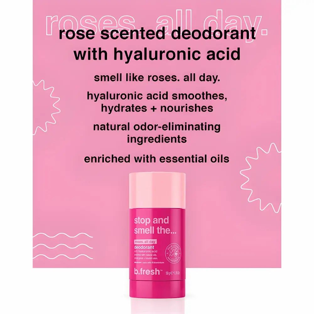 Rosa Deodorant-Stick vor pinkem Hintergrund. Text: Rose, all day. B.fresh Deodorant mit Hyaluronsäure. Natürliche Inhaltsstoffe.