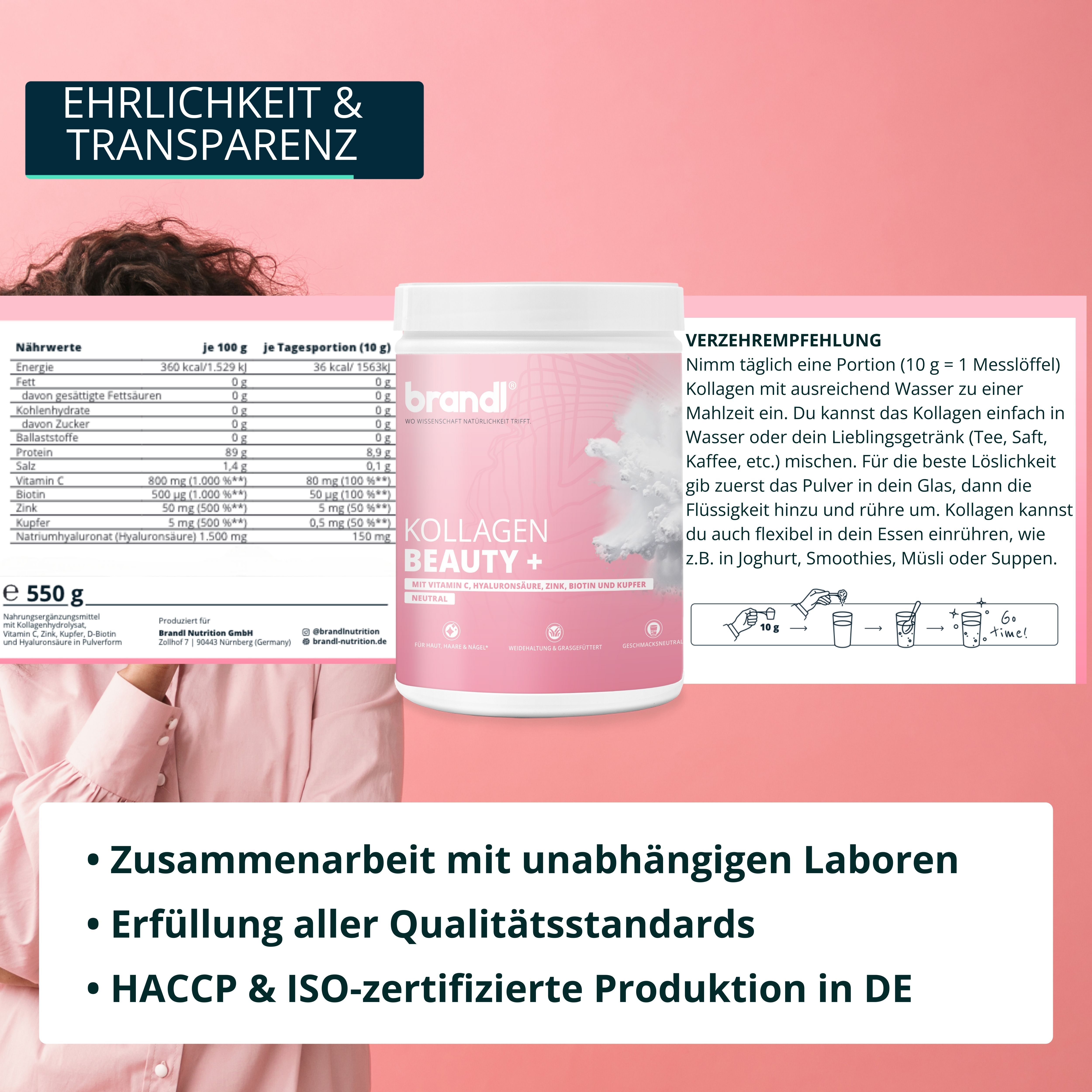 Werbung mit Text und Produkt. Text: Nährwerttabelle, Verzehrempfehlung. Behälter brandl® Kollagen Beauty +.