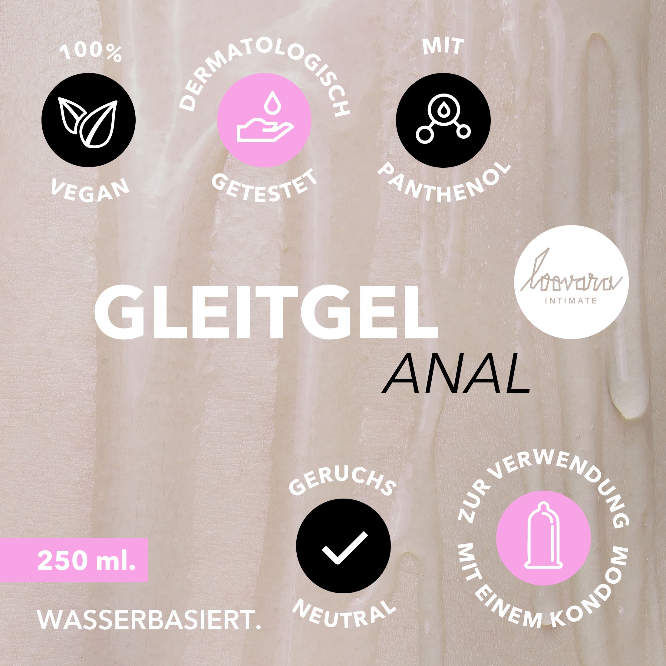 Gleitgel ANAL, 250 ml, wasserbasiert. Vegan, dermatologisch getestet, mit Panthenol, geruchsneutral, für Kondome geeignet. Loovara Logo.