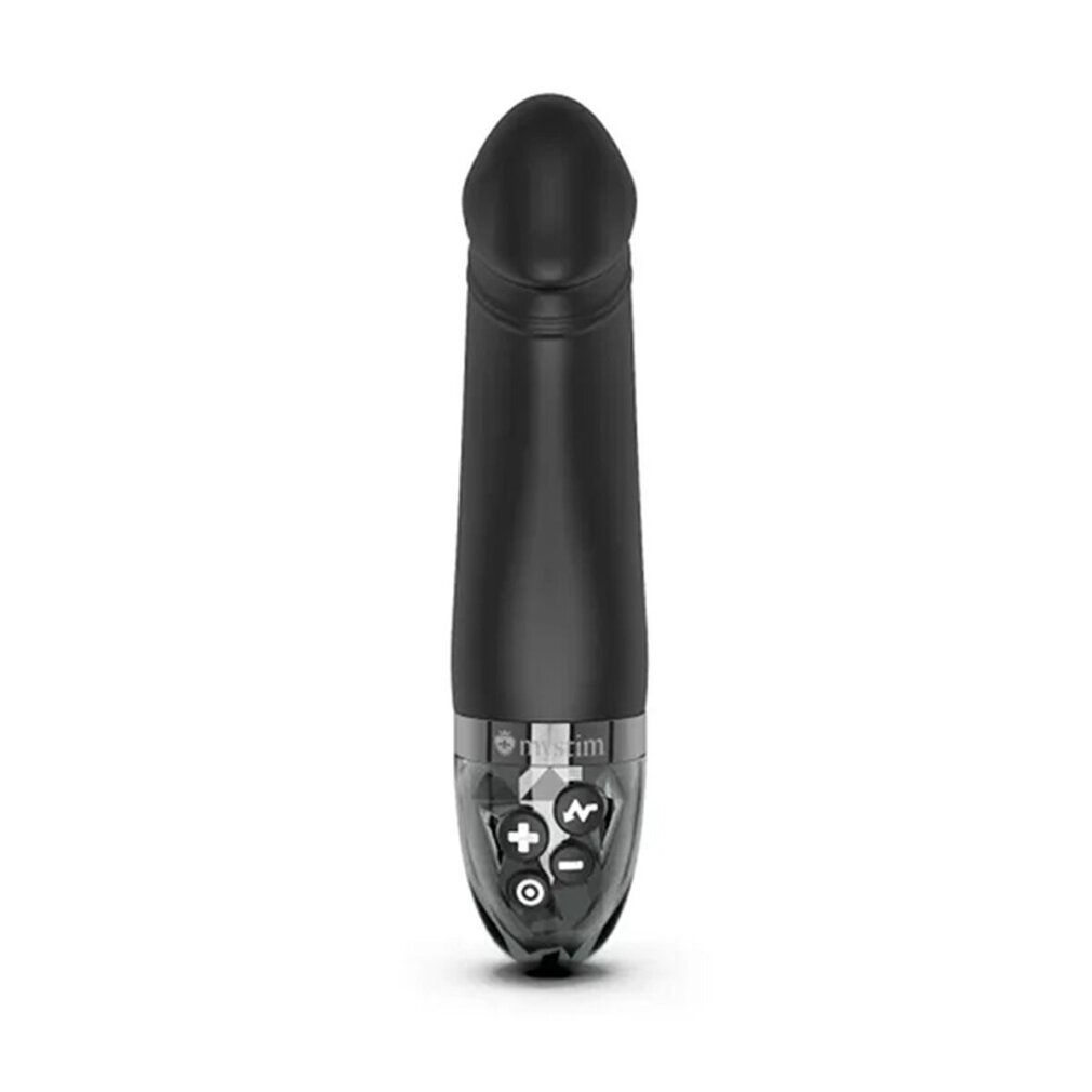 Schwarzer eStim-Vibrator. Zylindrischer Körper, abgerundete Spitze. Transparenter Sockel mit Bedienelementen.