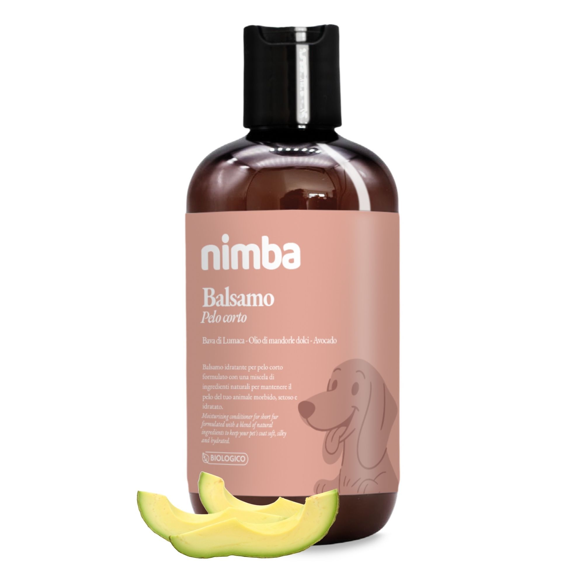 Braune Flasche mit schwarzem Deckel. Aufkleber mit Produktnamen und Hund. Avocado-Scheiben liegen davor.