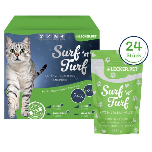 Grüne Verpackung mit Katze und Produktname Surf'n'Turf. Einzelne Beutel mit 85g und 24 Stück. Lecker.Pet Logo.
