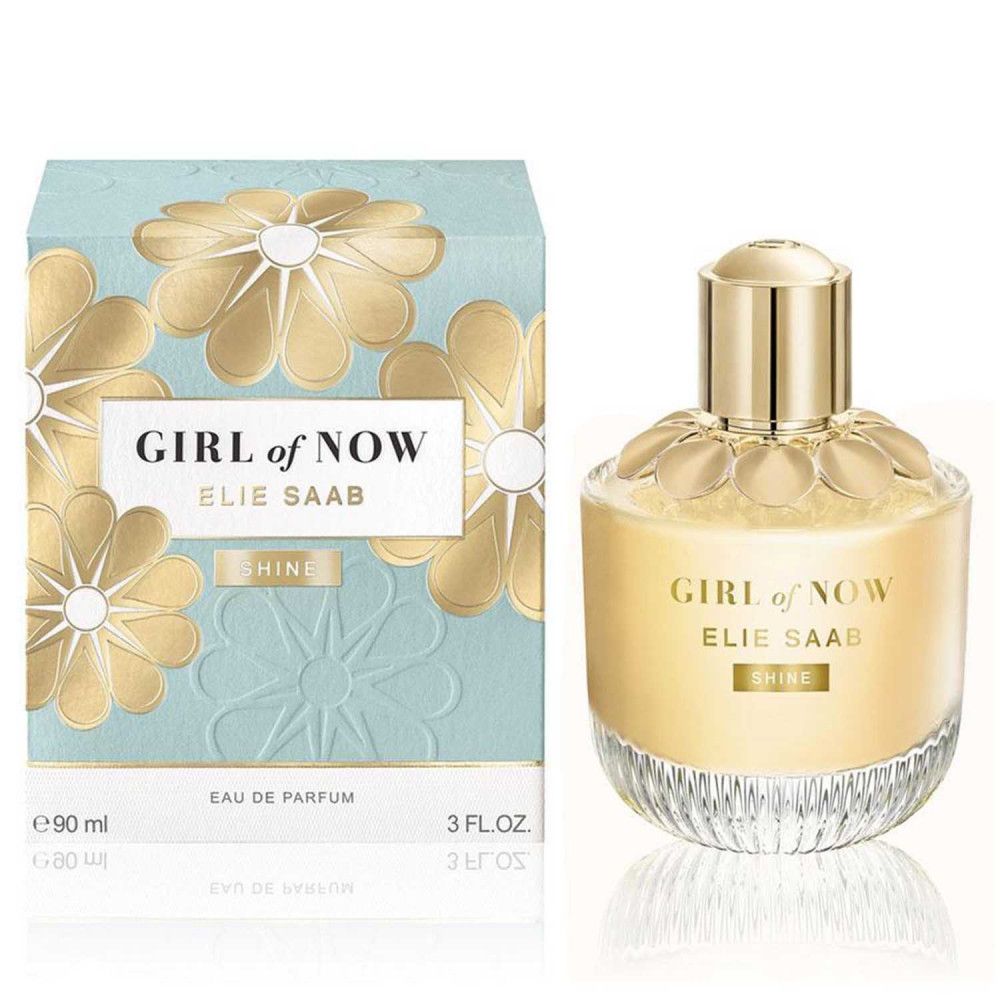 Elie Saab Girl of Now Shine Eau de Parfum Flakon und Verpackung mit Blumenmuster.