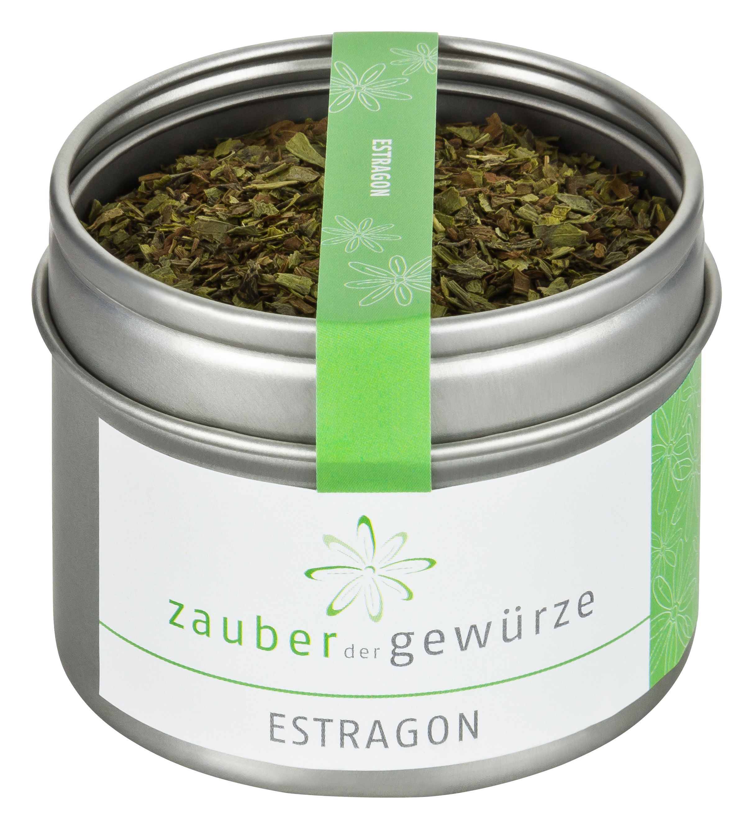Runde Dose mit Estragon-Gewürz. Grün-weißes Etikett mit Schriftzug 'Zauber der Gewürze' und 'Estragon'.