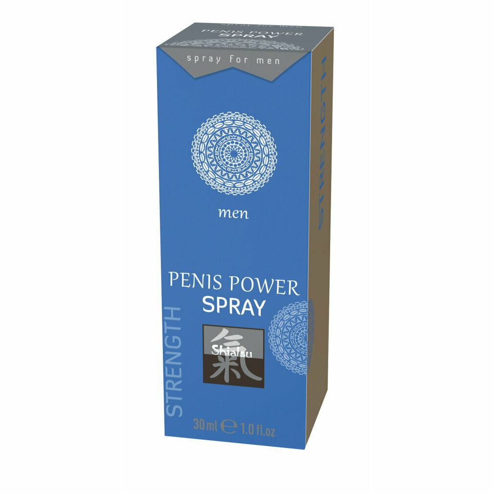 Blaue Schachtel mit Produktnamen und Logo. Text: Penis Power Spray, Shiatsu, men. 30 ml.