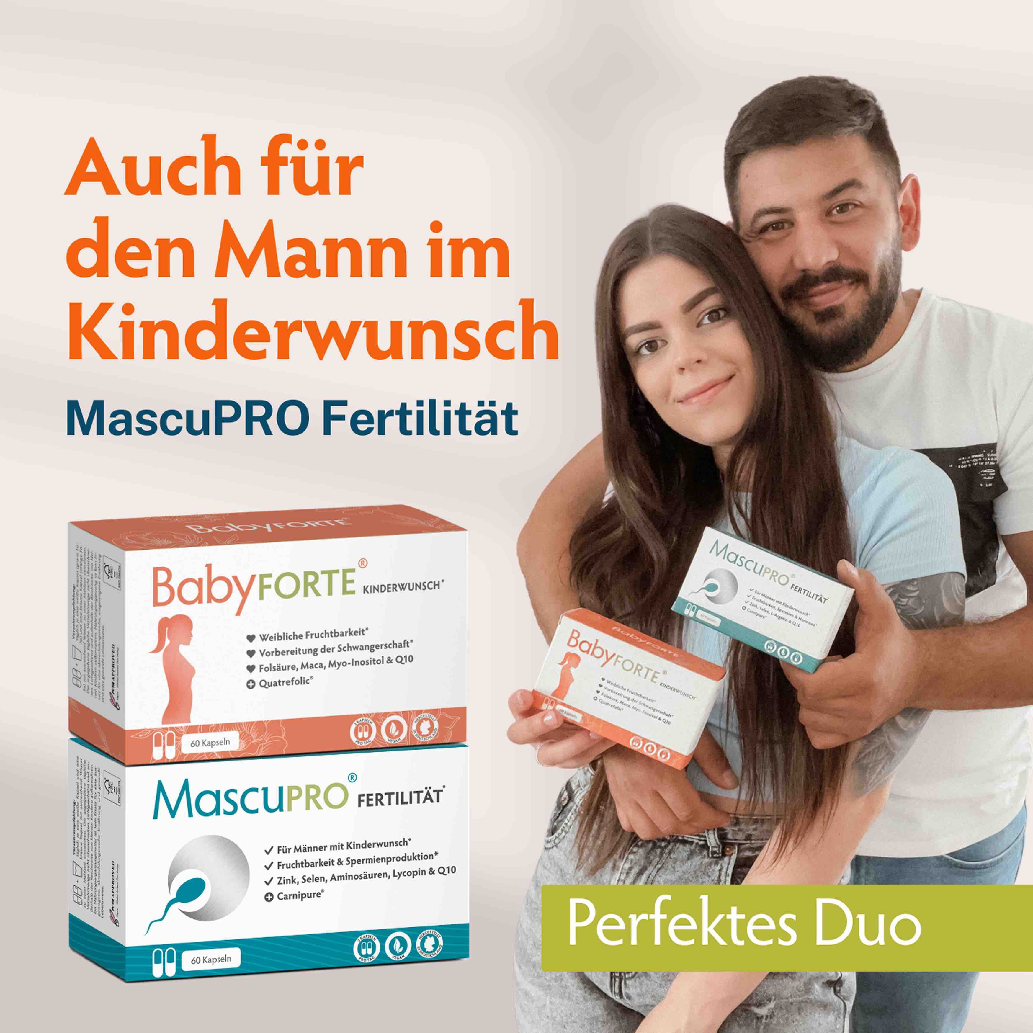 Paar mit BabyFORTE- und MascuPRO-Packungen. Text: Auch für den Mann im Kinderwunsch, MascuPRO Fertilität, Perfektes Duo. Logos: Spermien, Frau.