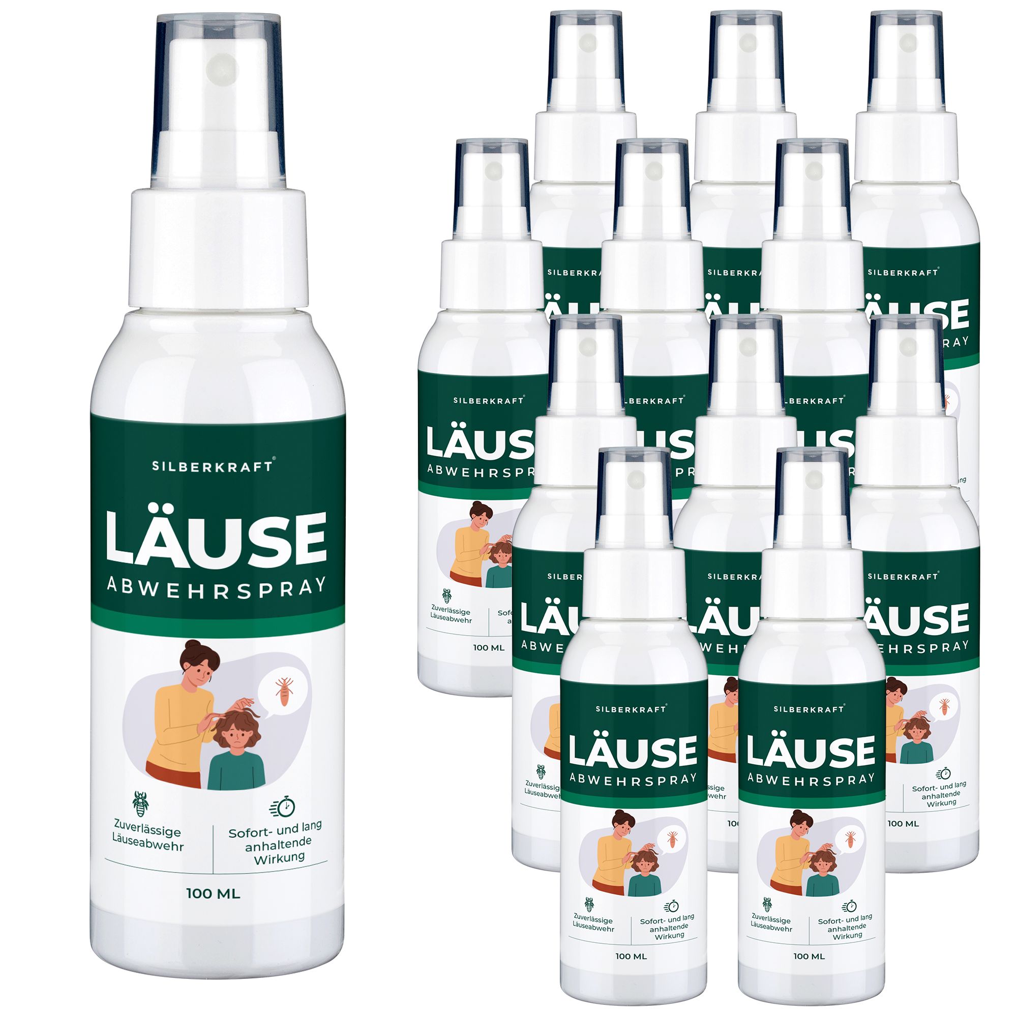 Ein einzelner Sprühflaschen-Spender und eine Gruppe von zehn weiteren Sprühflaschen, alle mit Etikett "Silberkraft Läuse Abwehrspray", 100 ml.