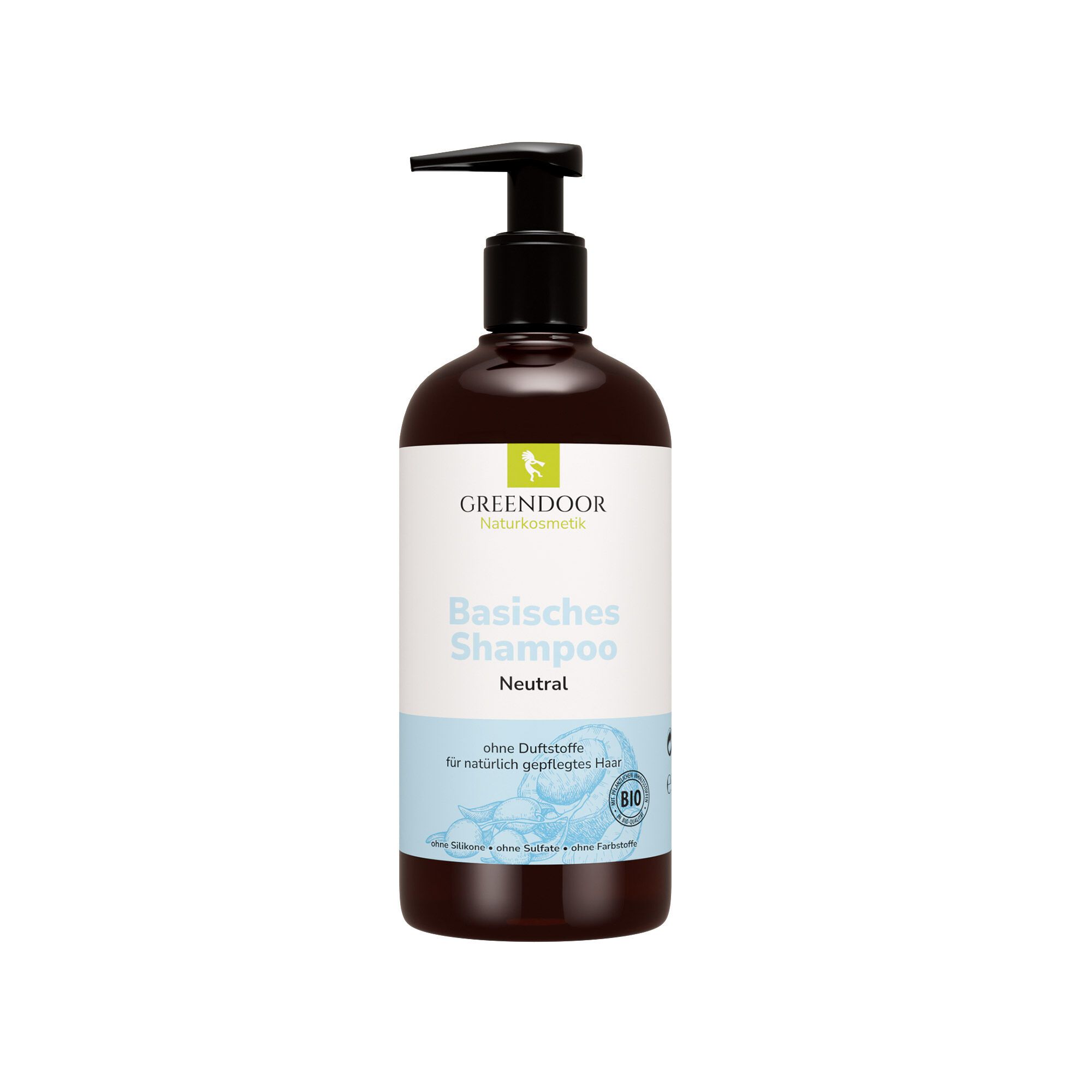 Braune Flasche mit schwarzem Pumpkopf. Aufkleber mit "GREENDOOR", "Basisches Shampoo Neutral" und Bio-Siegel.
