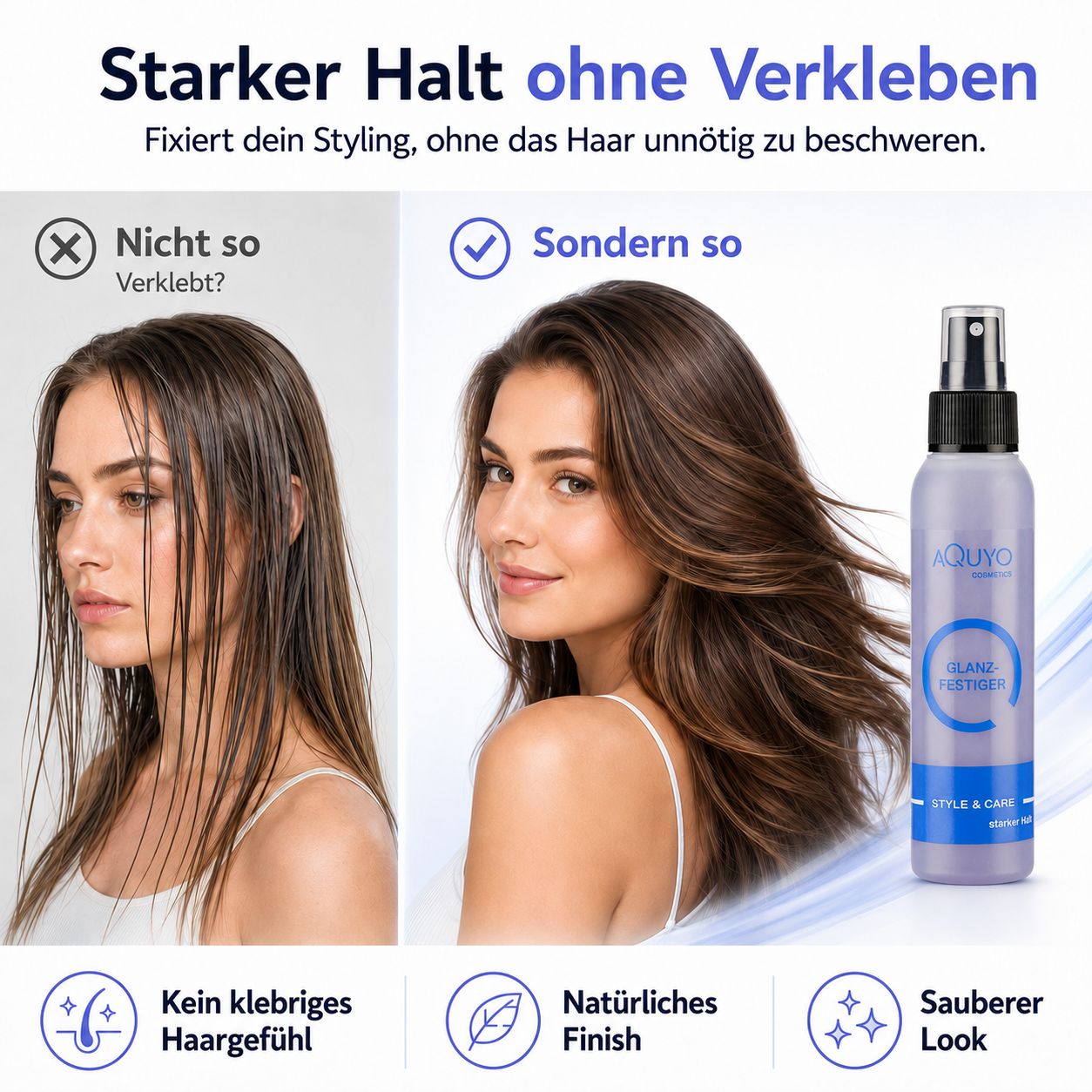 Vergleich von nassem Haar zu gestyltem Haar mit Haarfestiger. "Starker Halt ohne Verkleben".