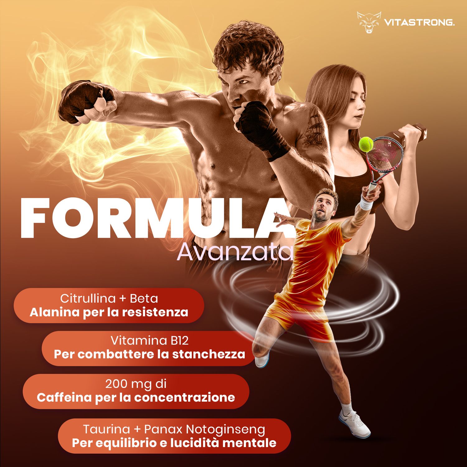 Vitastrong Energy Peach Tea. Text: Formel, Citrullin, Beta Alanin, Vitamin B12, Koffein, Taurin, Panax Notoginseng.