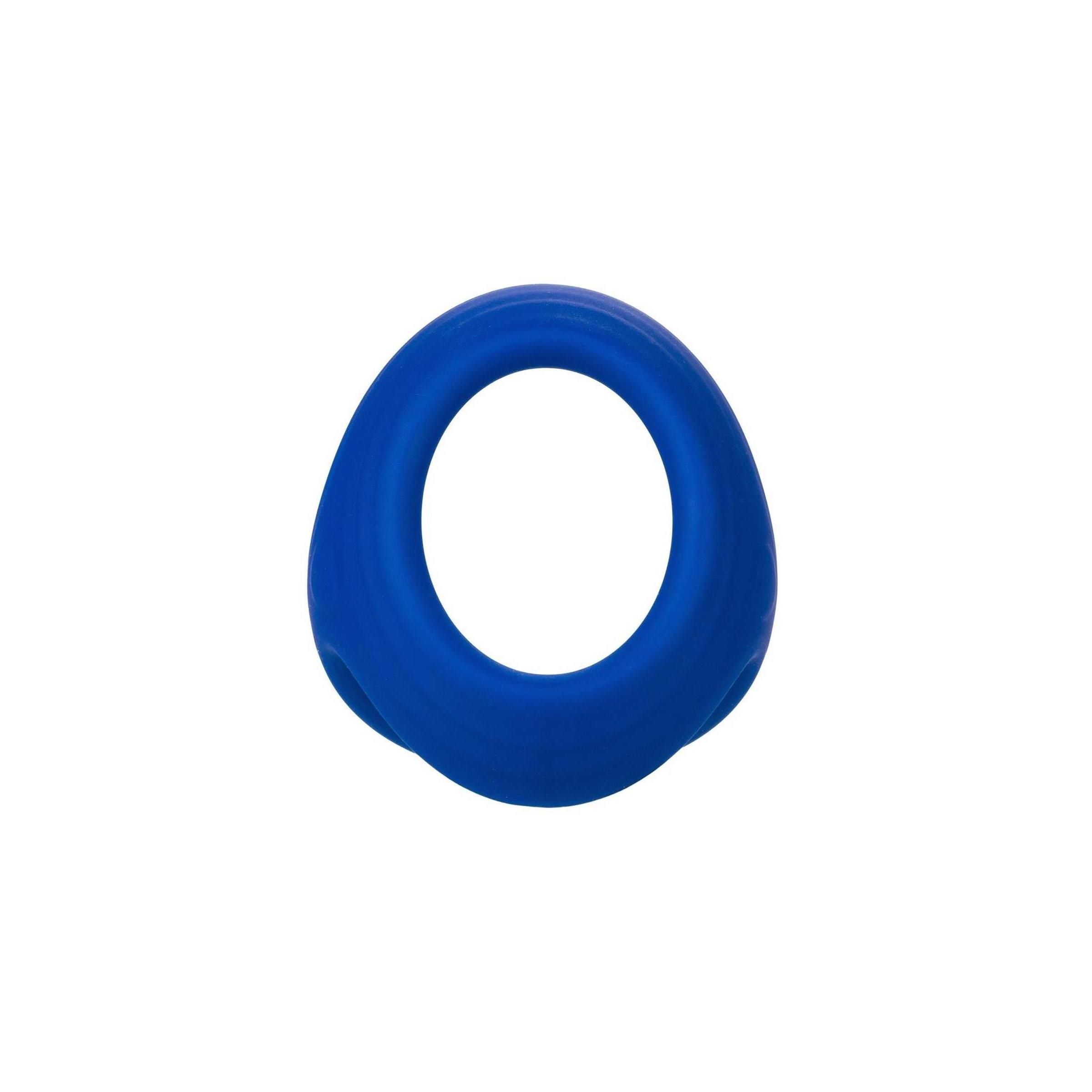 Blauer Ring mit runder Öffnung. Das Produkt hat eine ovale Form. Glatte Oberfläche.