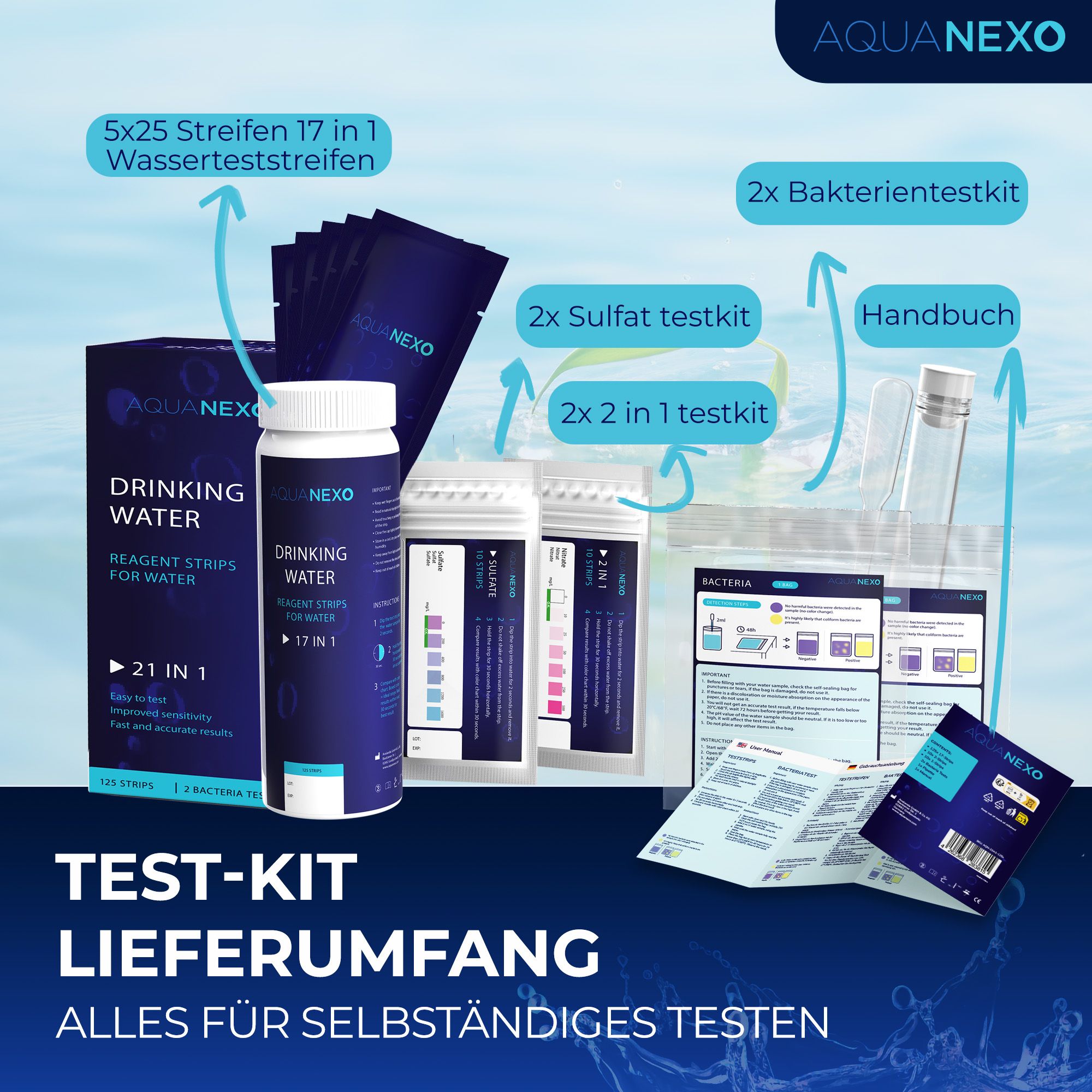 Aquanexo Trinkwasser Teststreifen + Bakterientests - 21 Werte messbar