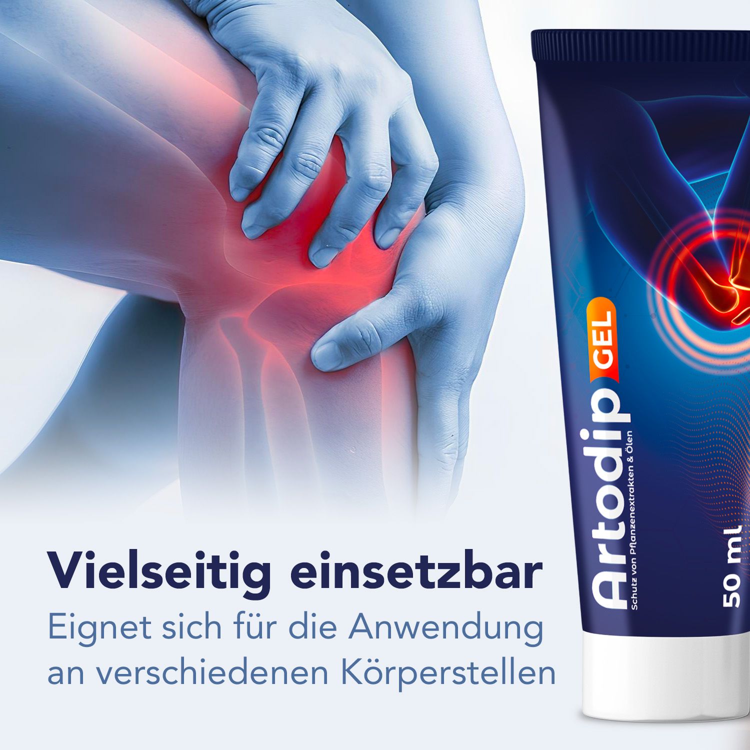 Artodip-Gel Tube, 50 ml, vor einem Knie. Text: Vielseitig einsetzbar. Eignet sich für die Anwendung an verschiedenen Körperstellen.