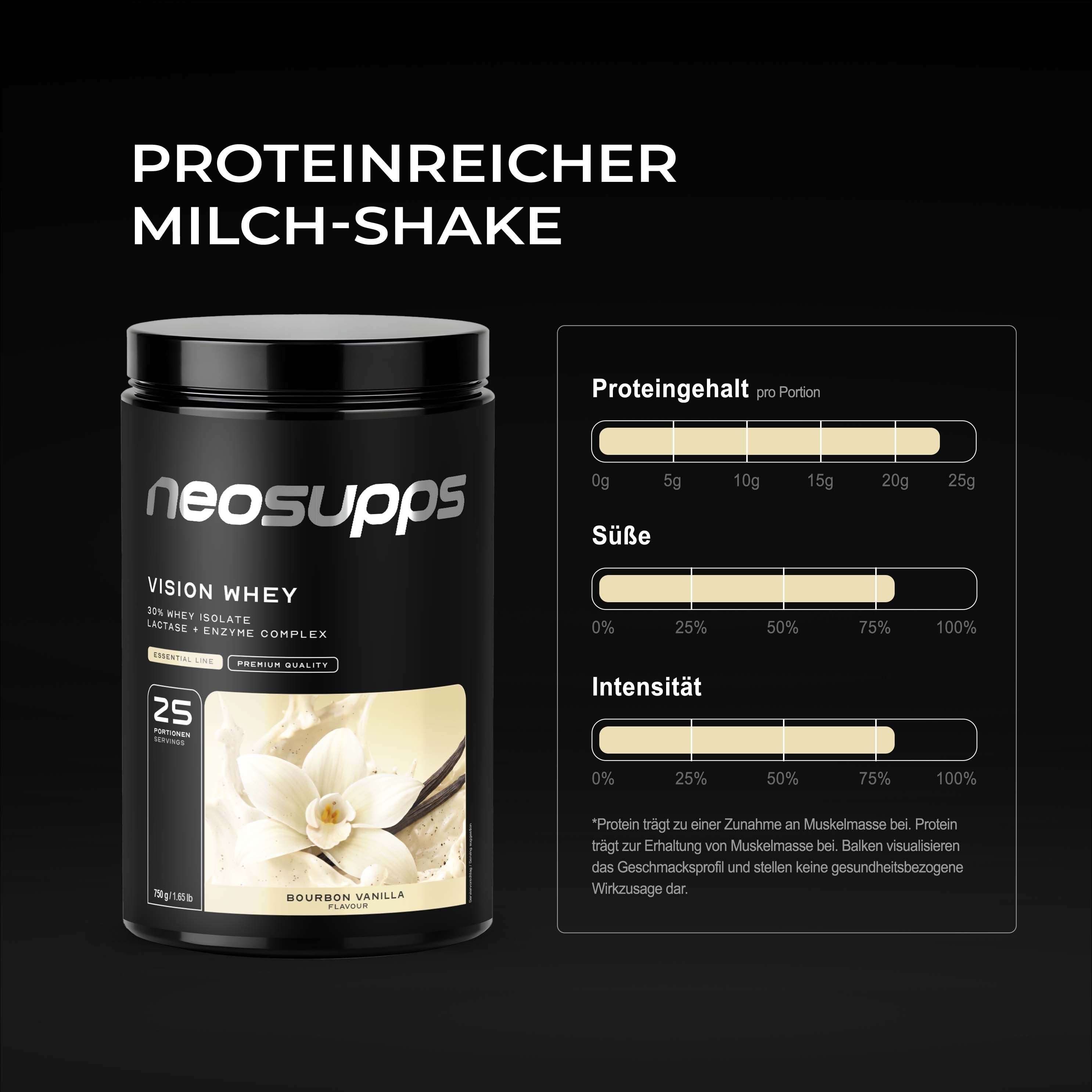 Neosupps Vision Whey Protein Dose mit Nährwertangaben und Hinweisen zu Süße und Intensität.