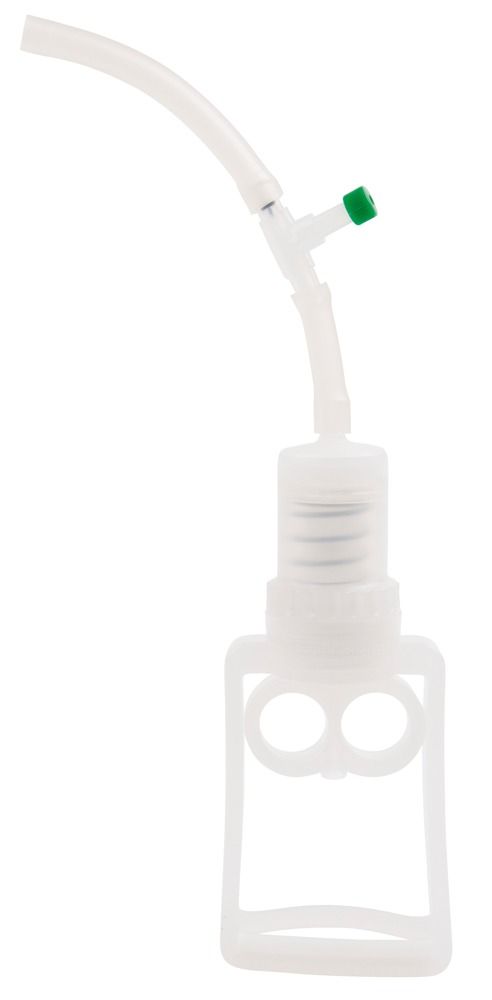 Gerät mit weißem Gehäuse, Schlauch und grünem Ventil. Zwei runde Öffnungen am Gehäuse.