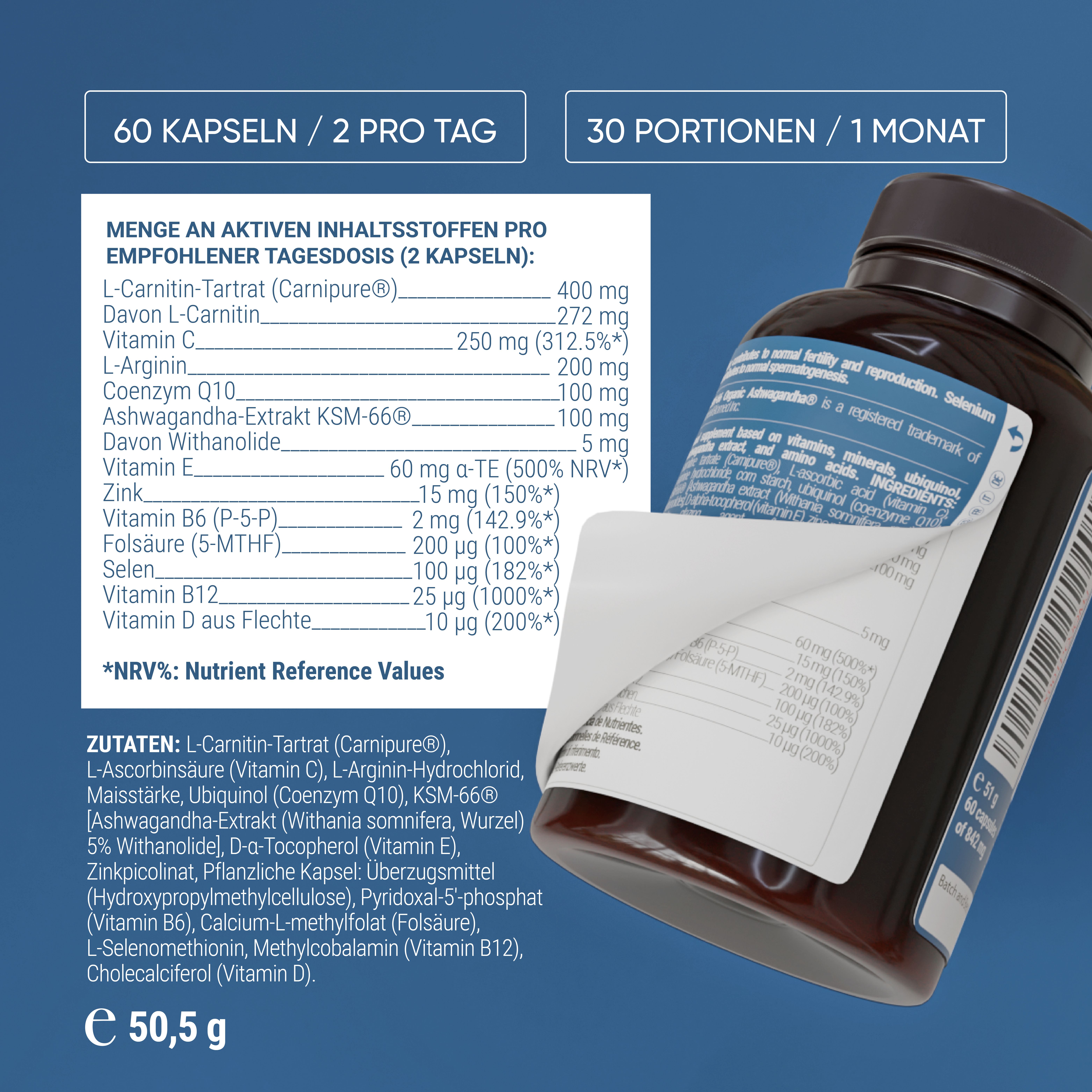 Flasche mit Kapseln und Etikett. Text: 60 Kapseln. Nährwertangaben. Inhaltsstoffe.