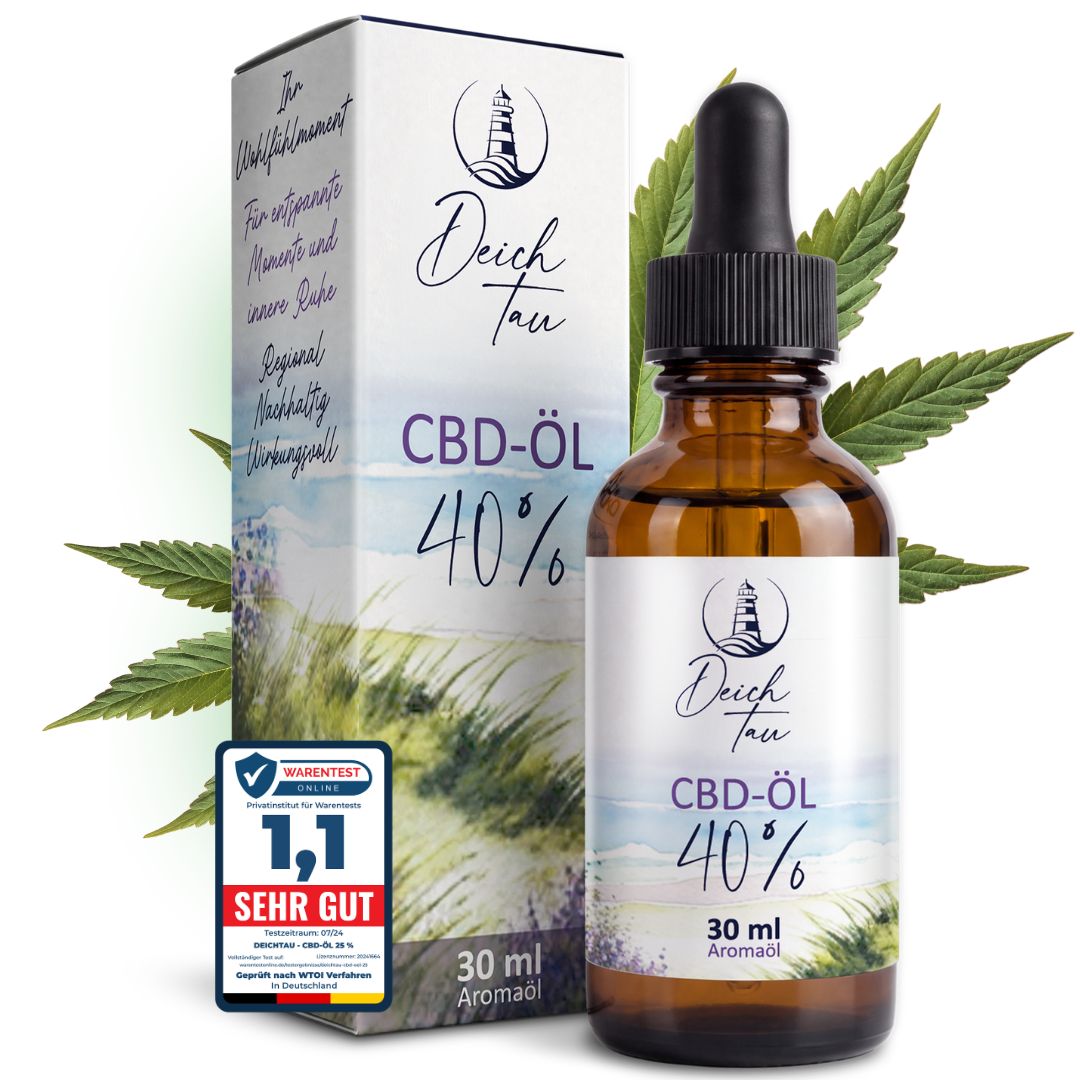 Deichtau CBD Öl 40% Flasche und Karton mit Siegel 'Sehr Gut'.