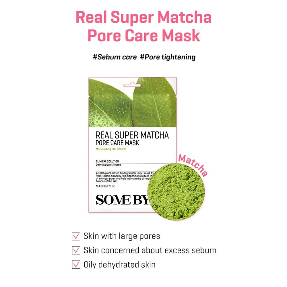 Verpackung der SOMEBYMI Real Super Matcha Pore Care Mask. Grün und weiß. Text: #Sebum care #Pore tightening.