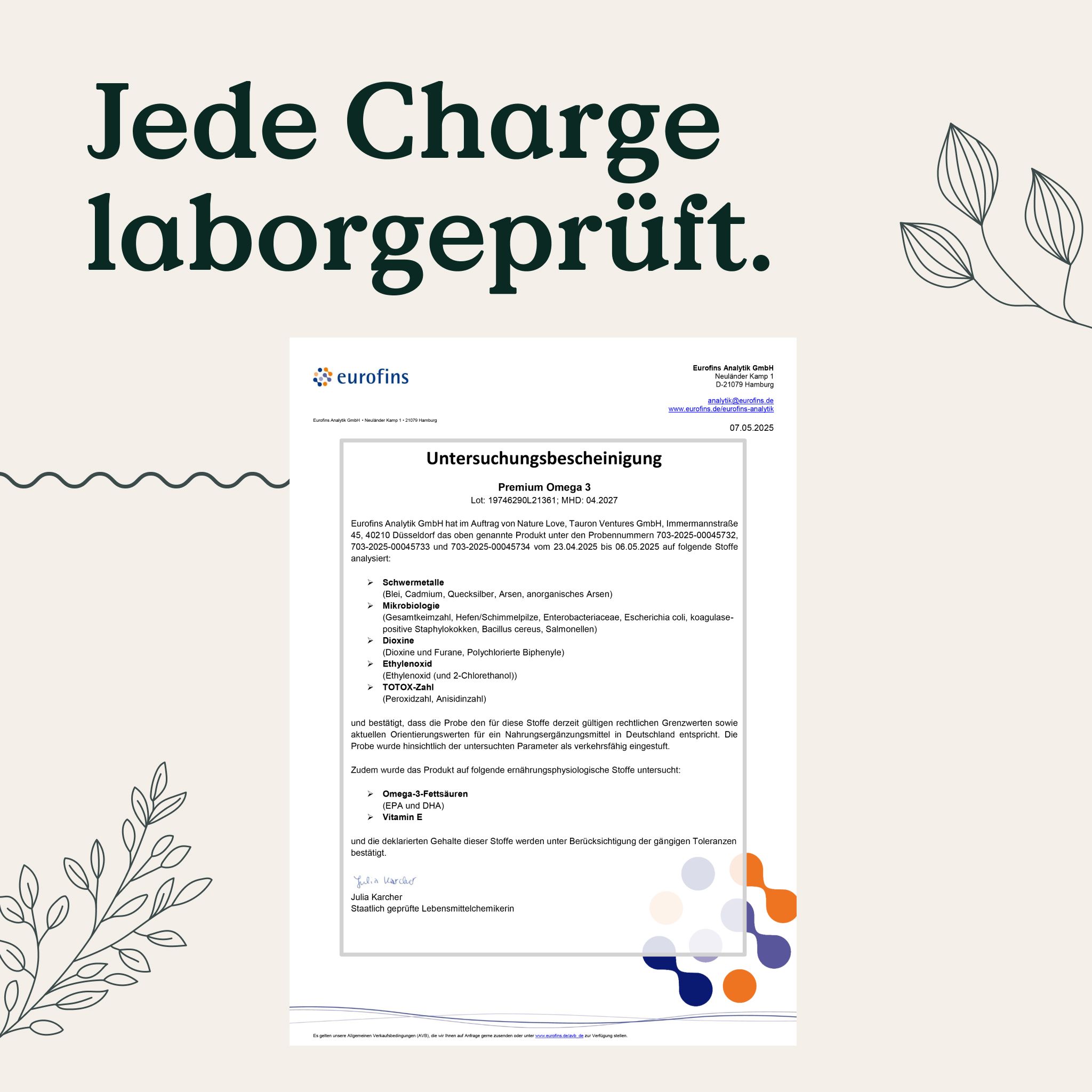 Laborbericht von Eurofins für 'Premium Omega 3'. Text: Jede Charge laborgeprüft.