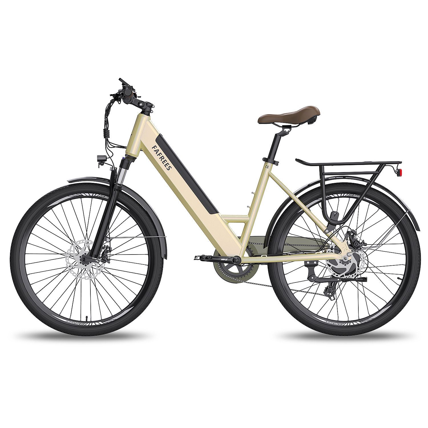 Beige Elektrofahrrad mit schwarzem Rahmen, Gepäckträger und braunem Sattel. Marke FAFREES.