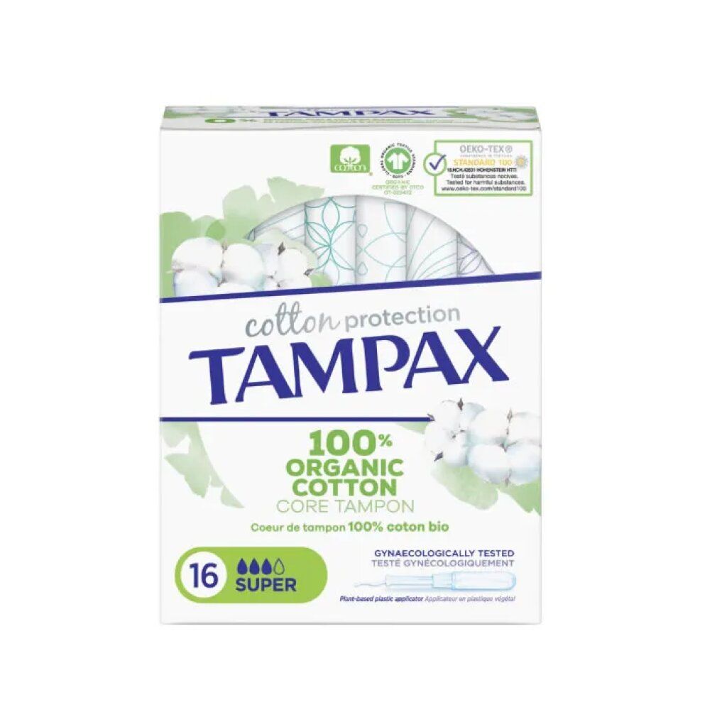 Verpackung mit Tampons. Marke: Tampax. 16 Super Tampons. 100% Bio-Baumwolle. Mit Applikator aus Pflanzenkunststoff. Gynäkologisch getestet.