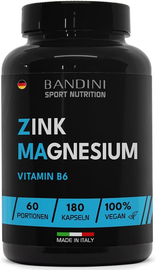 Schwarze Flasche mit Kapseln. Aufschrift: Zink Magnesium, Vitamin B6. 60 Portionen, 180 Kapseln, 100% vegan. Hergestellt in Italien.
