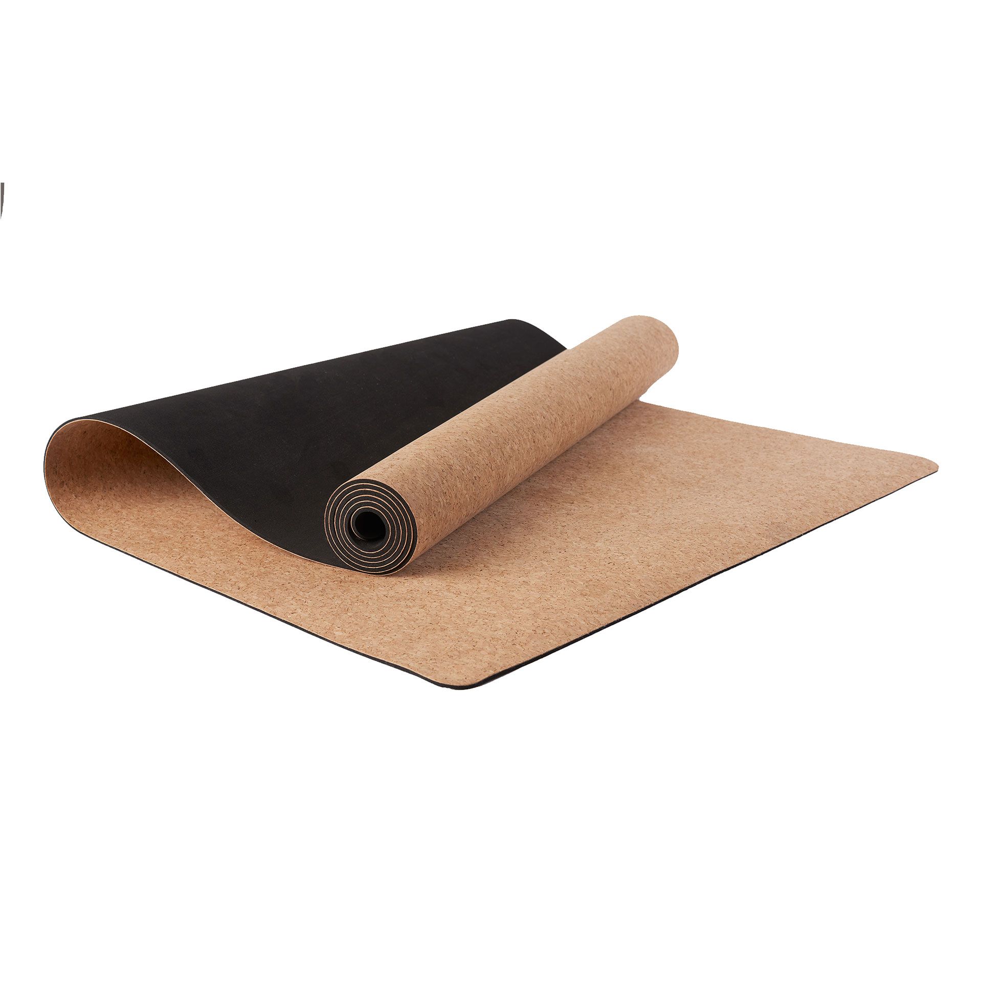 Yogamatte aus Kork, teilweise gerollt. Oberseite hellbraun, Unterseite schwarz. Kork-Textur sichtbar.