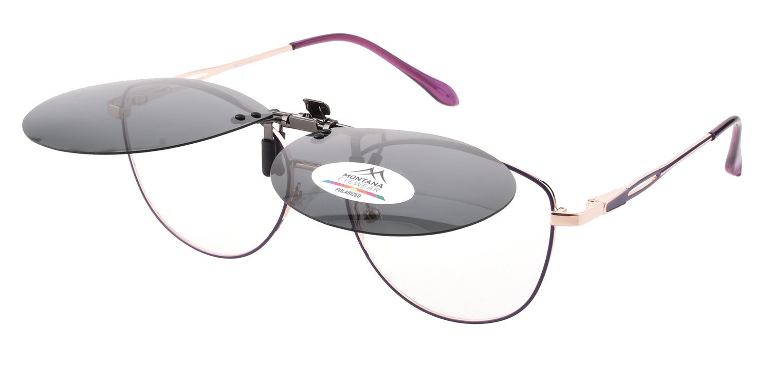 Montana Eyewear Sopot Clip-on-Sonnenbrille mit Brillenrahmen. Goldfarbener Rahmen, lila Bügel. Polarisiert. Logo.
