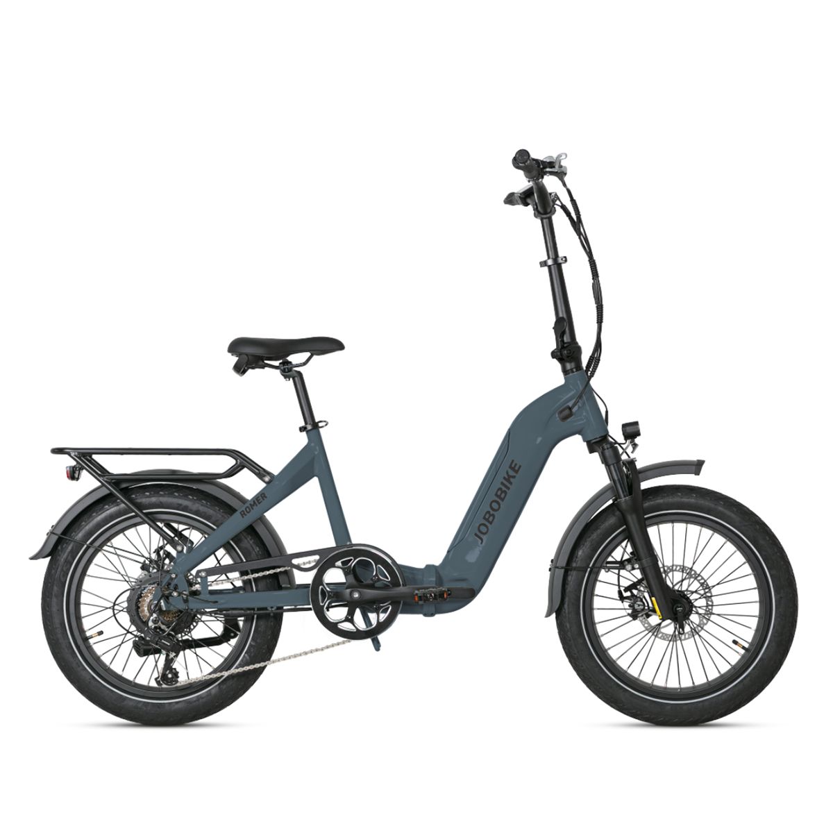Graues Elektrofahrrad. Schwarze Reifen, Gepäckträger und Sattel. JOBOBIKE-Logo auf dem Rahmen.