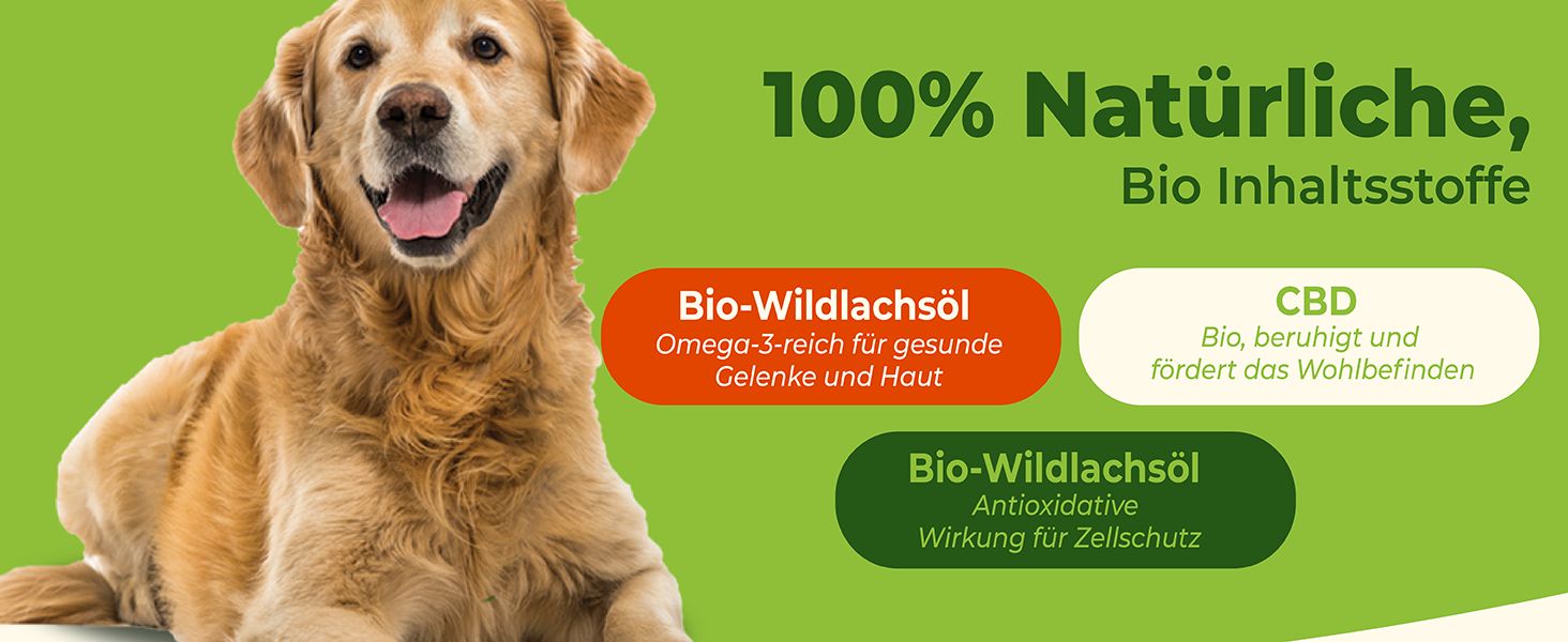 Goldener Retriever. Text: 100% natürliche, Bio Inhaltsstoffe. Logos: Bio-Wildlachsöl, CBD.