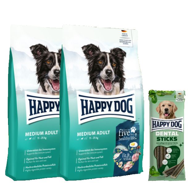 Happy Dog Fit & Vital Medium Adult Doppelpack + Dental Sticks *geschenkt* 12,6 kg