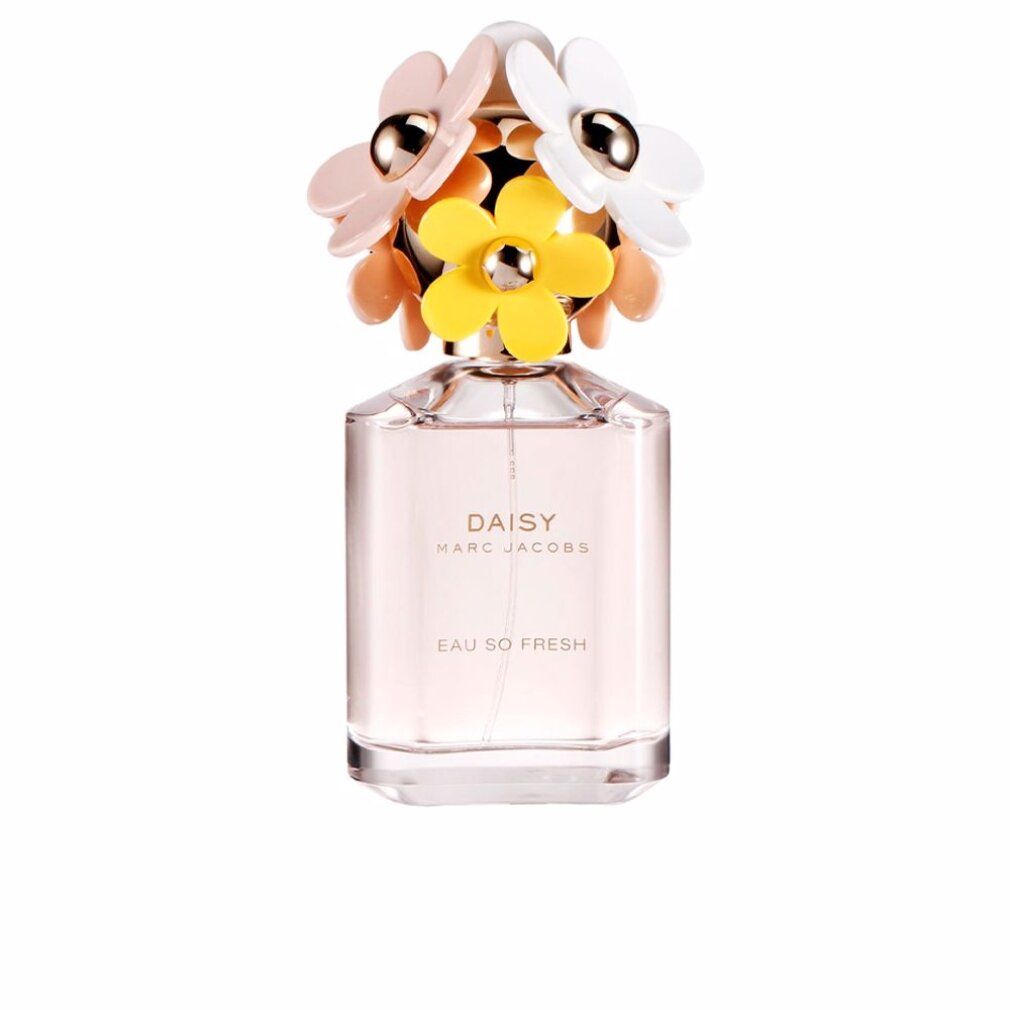 Parfümflasche mit blumigem Deckel und rosa Flüssigkeit. Aufschrift: Daisy Eau So Fresh.