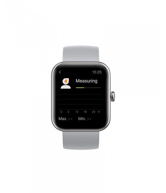 Smartwatch mit grauem Armband. Rechteckiges Display mit Messanzeige. Uhrzeit: 15:25.