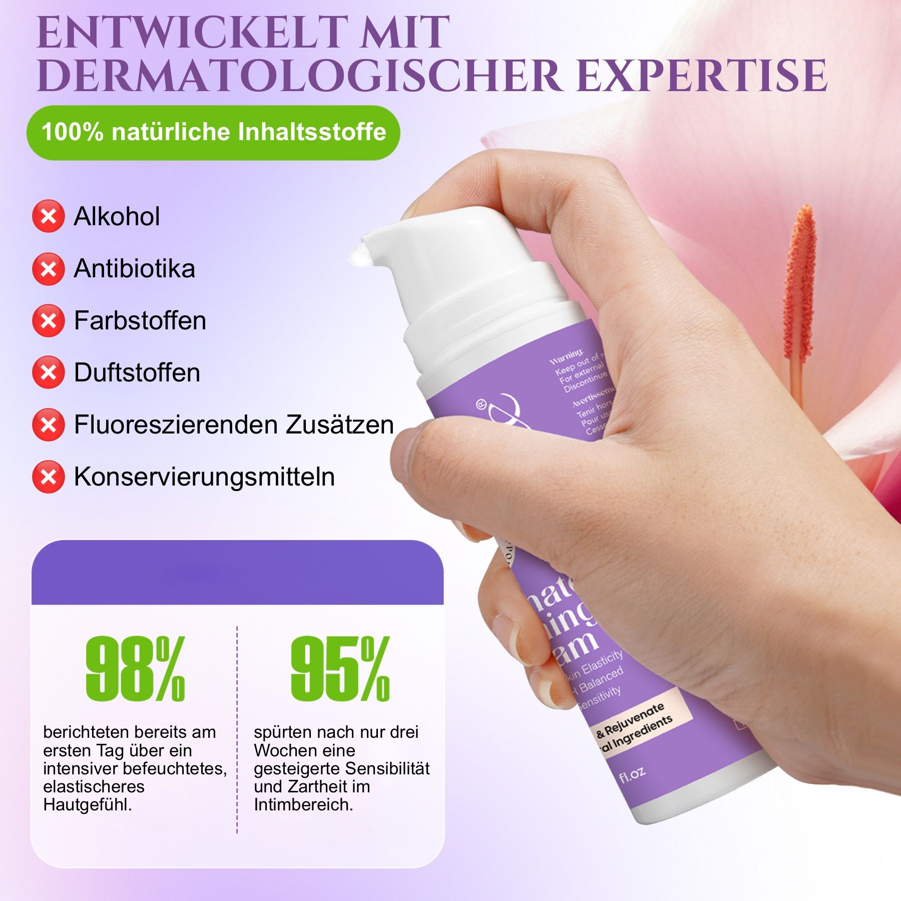 Flasche Intimcreme, lila-weiß, in Hand. Aufschrift: ikzee Intimate Firming Cream. 50ml/1.69 fl.oz. Text: 100% natürliche Inhaltsstoffe. Diagramme.