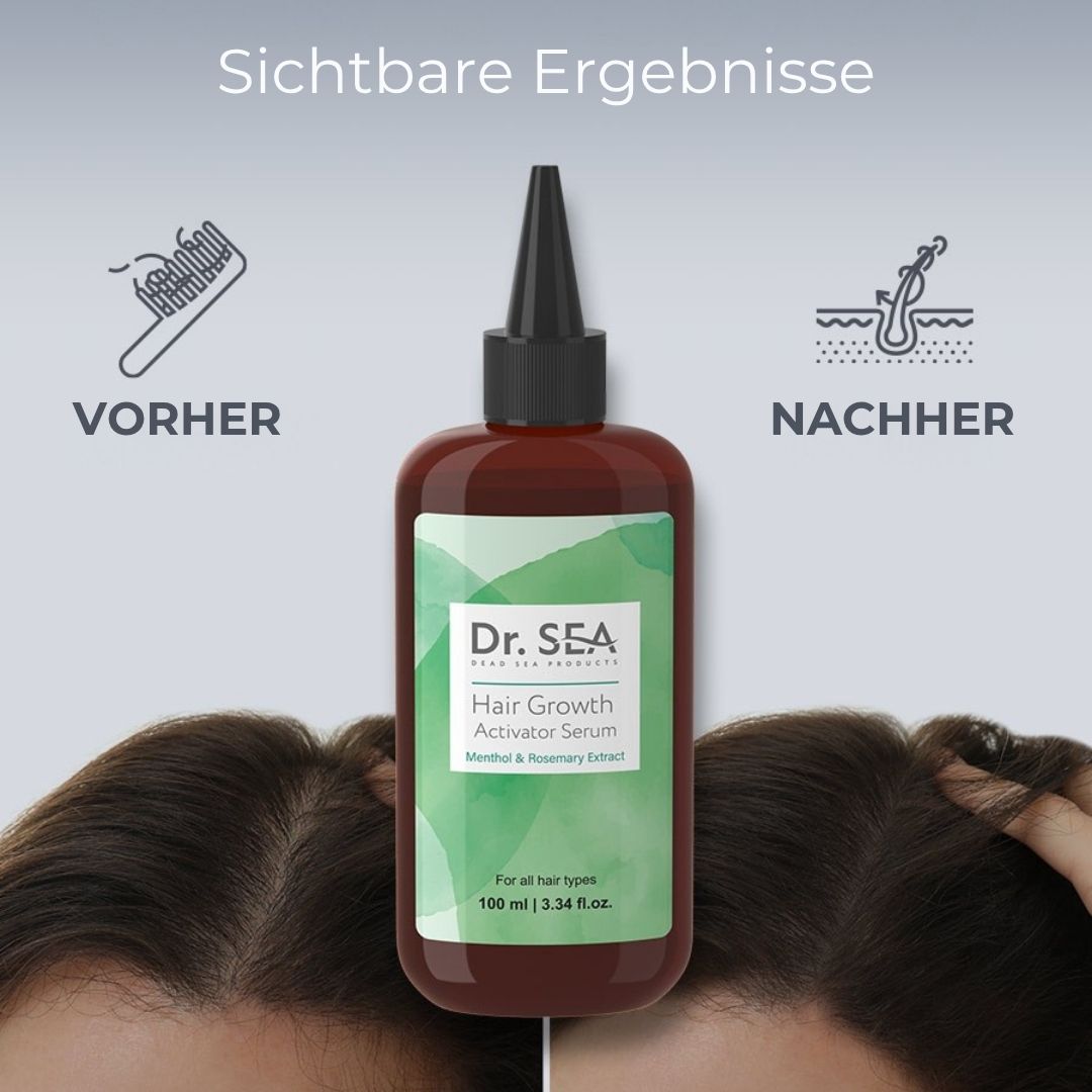 Flasche mit Produktetikett, mit Vorher-Nachher-Bildern von Kopfhaut und Haaren. Sichtbare Ergebnisse.