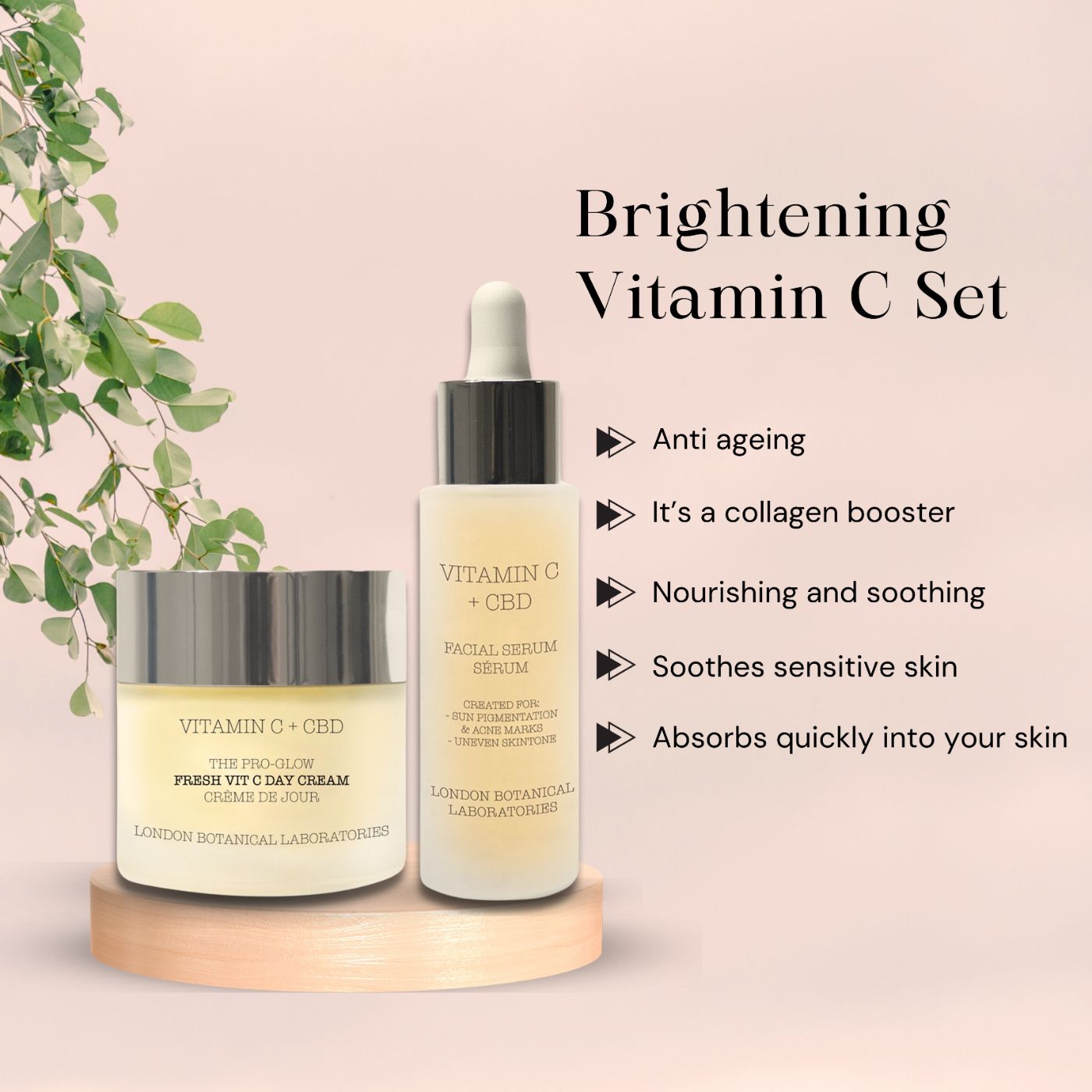 Kosmetik-Set mit Creme und Serum. Text: "Brightening Vitamin C Set". Produkte mit "Vitamin C + CBD" und "London Botanical Laboratories".