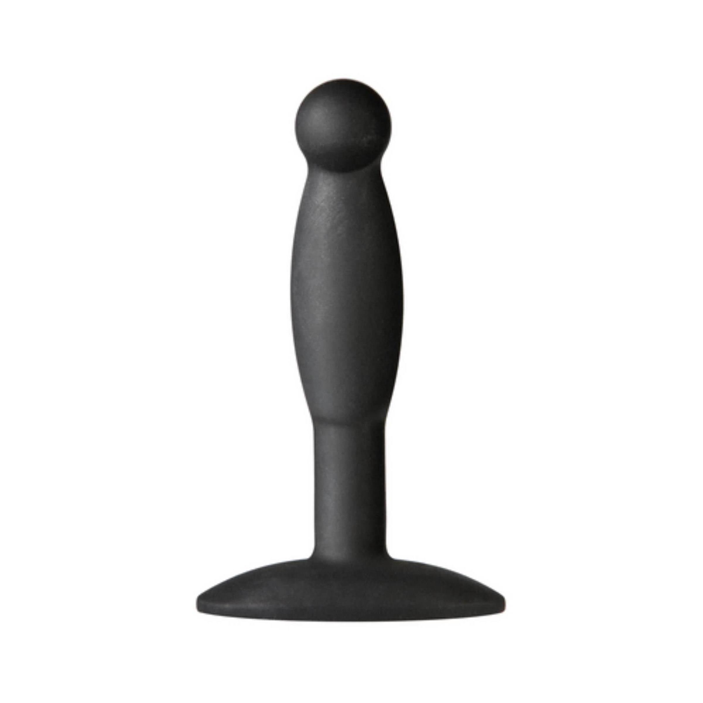 Schwarzer Butt Plug. Kugelformiger Kopf, zylindrischer Schaft, breite Basis.