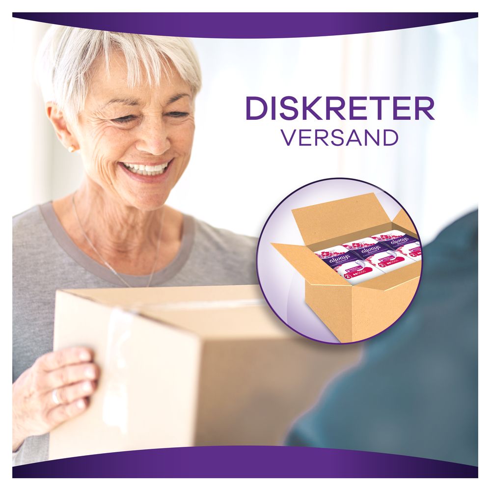 Frau nimmt Paket entgegen. Auf dem Karton steht: Diskreter Versand. Im Karton: Packungen Always Discreet.
